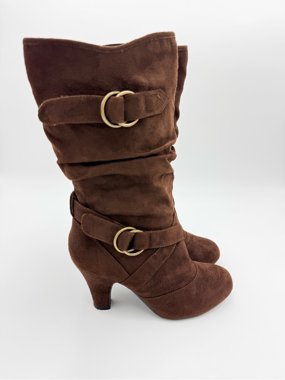 Qupid Chocolate Brown Suede Mid-Calf Heeled Boots with Buckle Straps